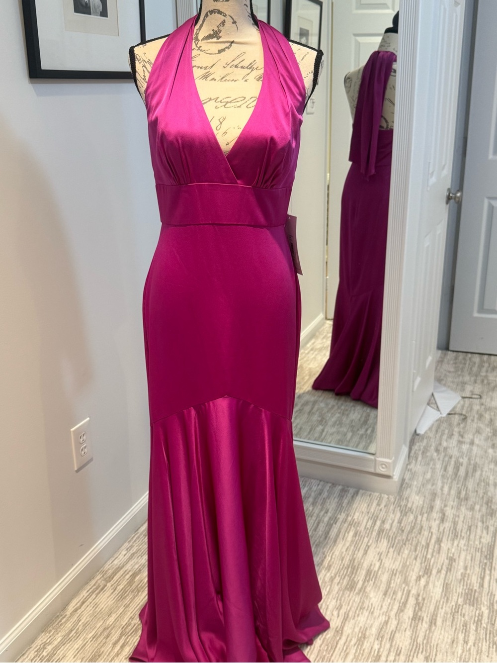 Theia Halter Satin Mermaid Gown - Fuchsia